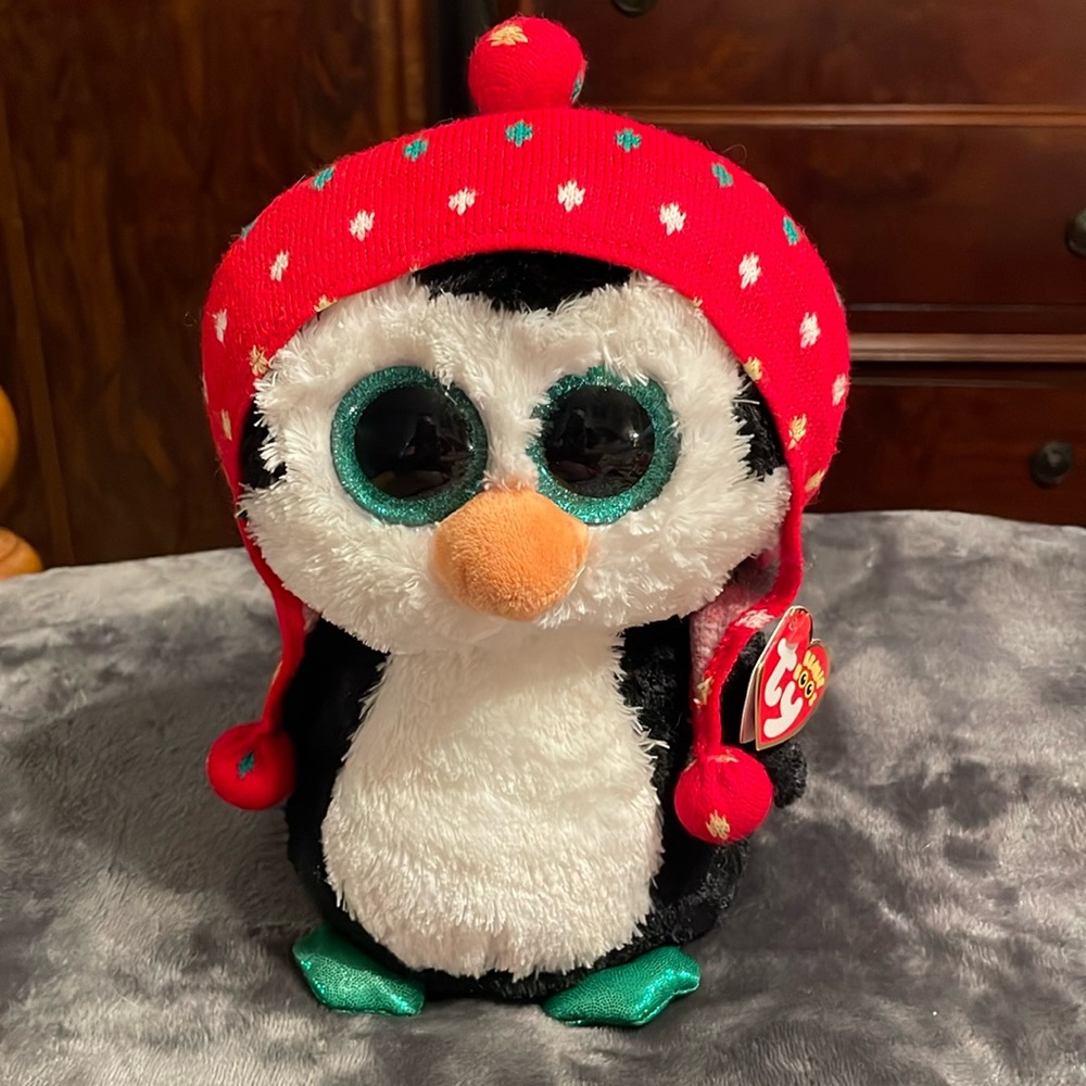 Ty Beanie Boos Freeze The Penguin- he has a red stocking hat,glitter eyes & feet